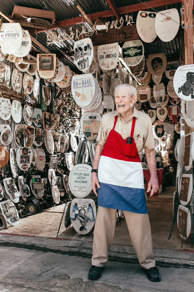 Barney Smith in his Toilet Seat Museum for Texas Monthly, photographed by editorial and commercial photographer Josh Huskin. 