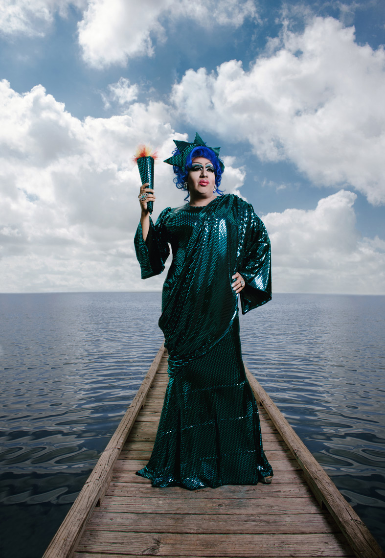 Lady Liberty photographed at Woodlawn Lake in San Antonio, TX, for the cover of The San Antonio Current, shot by Conceptual and Editorial Portrait photographer Josh Huskin. 