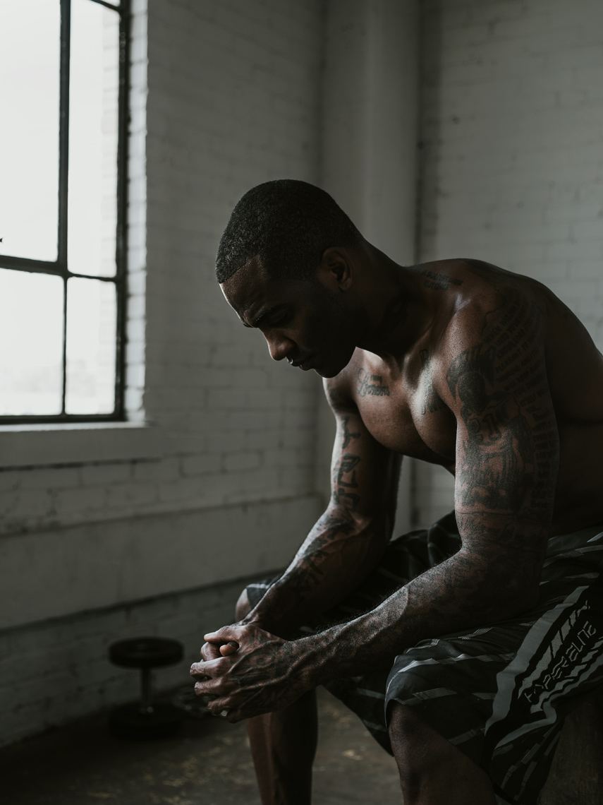 Former NFL player for the Denver Broncos, Lenny Walls posing for a fitness shoot in San Antonio, TX. Photographed by portrait and advertising photographer Josh Huskin.  