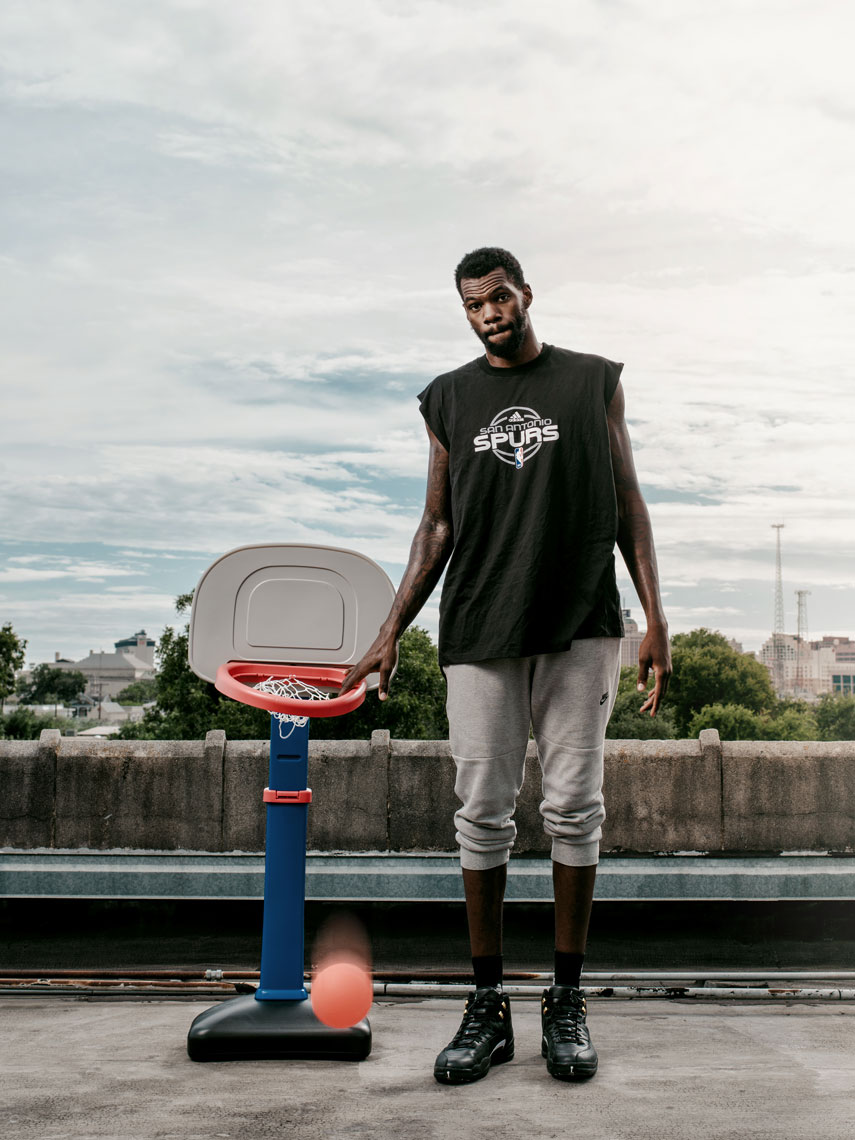 Dewayne Dedmon, center for the San Antonio Spurs, photographed in San Antonio Texas, by editorial photographer Josh Huskin.