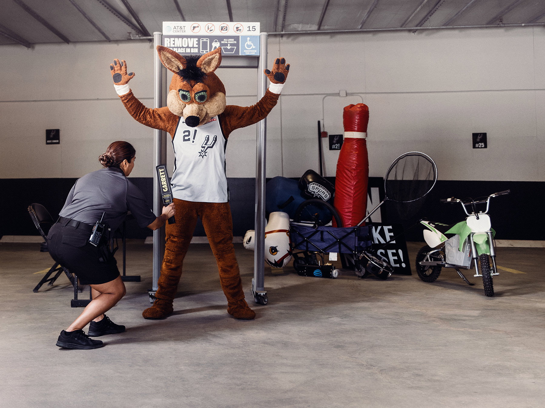 NBA Mascot, Spurs Coyote, photographed at the AT&T Center by sports and editorial photographer, Josh Huskin.